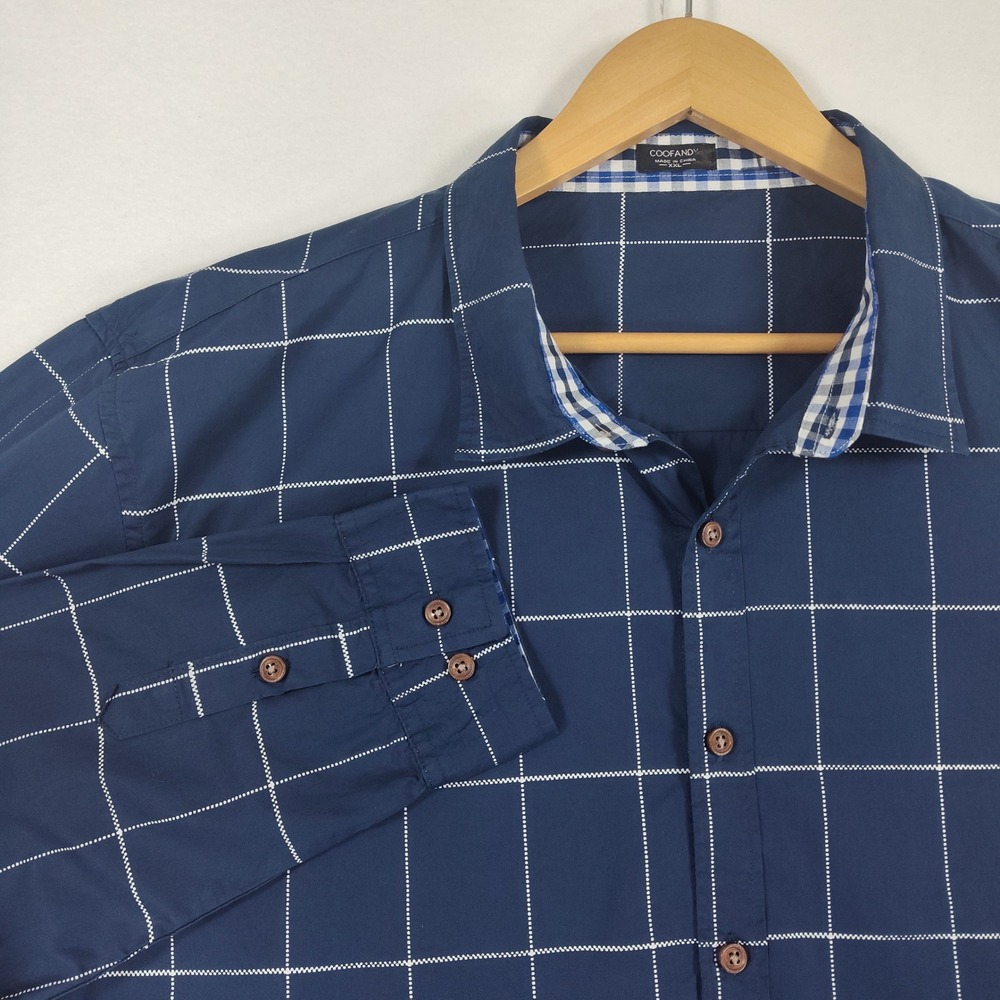 Coofandy Mens Navy Blue Grid Print Long Sleeve Button Down Shirt Cotton Blend 2X